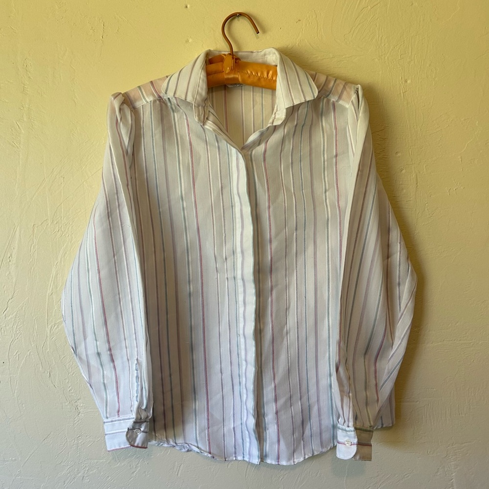 Vintage 70s puffy sleeve purple and white striped button up👔